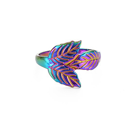 304 Stainless Steel Leaf Cuff Ring, Open Ring for Women