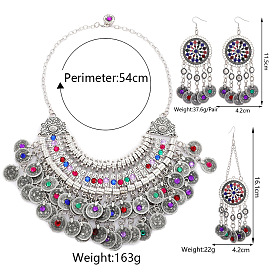 Exaggerated Ethnic Style Silver Metal Coin Tassel Necklace Earrings Set with Colorful Crystals