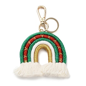 Christmas Theme Macrame Weaving Rainbow Tassel Cotton Thread Keychain, with Alloy Clasp