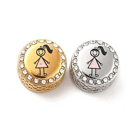 304 Stainless Steel European Beads, with Enamel & Rhinestone, Large Hole Beads, Flat Round with Girl