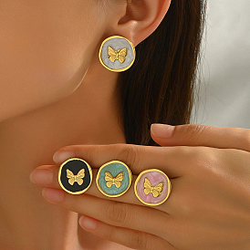 Плоские круглые серьги-гвоздики из нержавеющей стали с бабочками, золотые