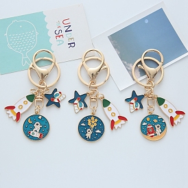 Alloy Enamel Pendant Keychains, with Alloy Rings and Alloy Lobster Claw Clasps, Flat Round & Star & Rocket