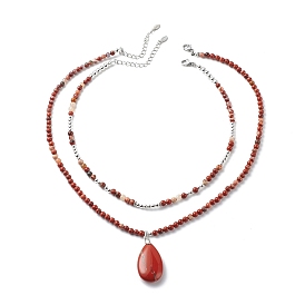 2Pcs 2 Style Natural Red Jasper Teardrop Pendant Necklaces Set, Synthetic Hematite & Brass Beaded Stackable Necklaces for Women