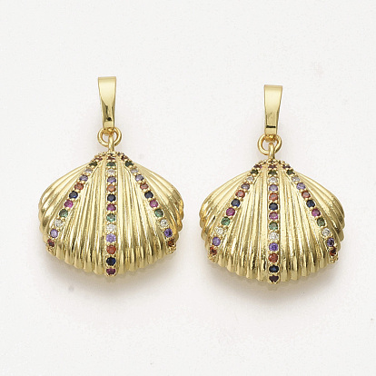 Brass Micro Pave Cubic Zirconia Pendants, Shell Shape, Colorful