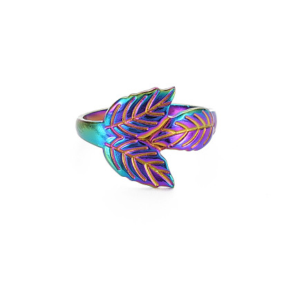 304 Stainless Steel Leaf Cuff Ring, Open Ring for Women
