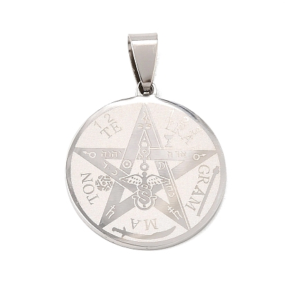 201 Stainless Steel Pendants, Flat Round with Tetragrammaton Charms