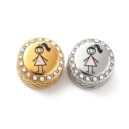 304 Stainless Steel European Beads, with Enamel & Rhinestone, Large Hole Beads, Flat Round with Girl