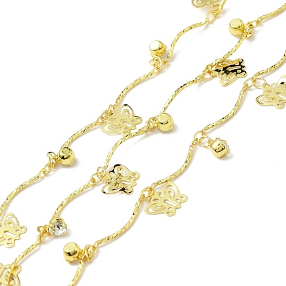 Handmade Eco-friendly Brass Bar Link Chain, with Butterfly and Clear Cubic Zirconia Charms, Long-Lasting Plated, Soldered, with Spool
