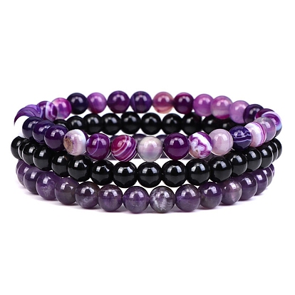 3Pcs 3 Style Natural Mixed Gemstone Round Beaded Stretch Bracelets Set for Woman