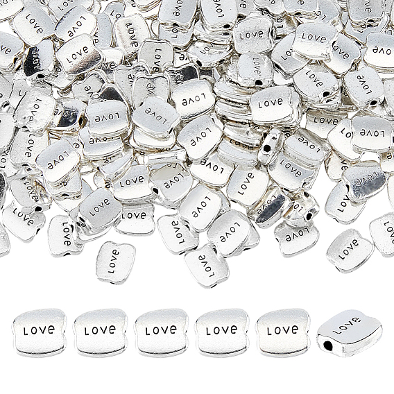 200PcsTibetan Style Alloy Spacer Beads, Rectangle with Word LOVE