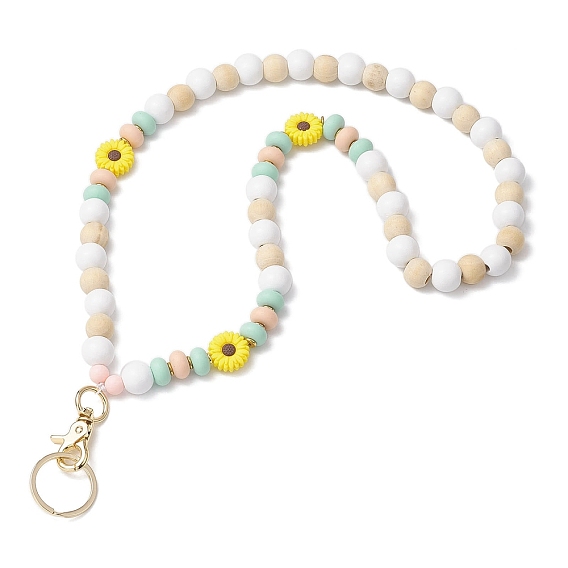 Держатели для карточек из силикона и дерева с цветочным принтом, цепочка на шею, с поворотными застежками-лобстерами из цинкового сплава