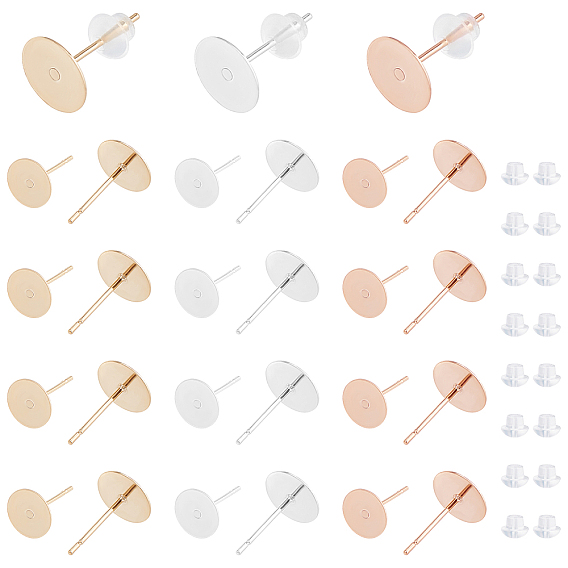 90Pcs 3 Colors 304 Stainless Steel Stud Earring Findings, with 100Pcs Plastic Ear Nuts