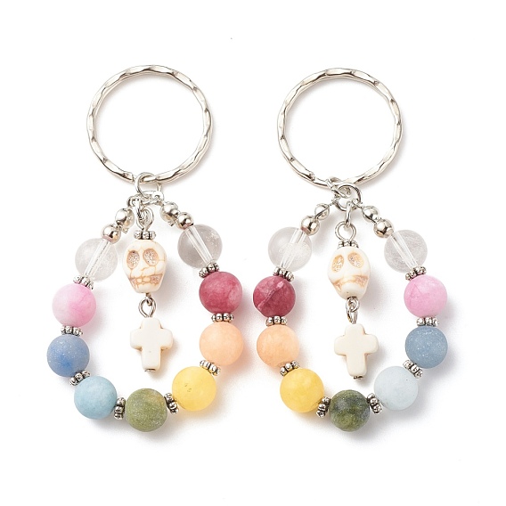 Gemstone Keychain, with Alloy & Dyed Synthetic Turquoise Pendant, Iron & Alloy Spacer Beads & Split Key Rings, Cross & Skull