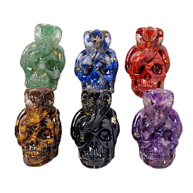 Halloween Snake with Skull Resin Figurines, with Gemstone Chips inside Statues for Home Office Decorations