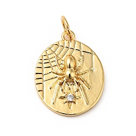 Rack Plating Brass Cler Cubic Zirconia Pendants, Flat Round with Spider Pattern, Cadmium Free & Nickel Free & Lead Free