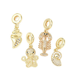 Подвески-шармы с изображением морских животных из латуни с микропаве из прозрачных кубических цирконий, подвески с большими отверстиями в океанской тематике, реальный 18 k позолоченный