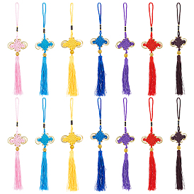 14Pcs 7 Colors Chinese Knots Polyester Tassel Pendant Decorations, with Plastic Beads