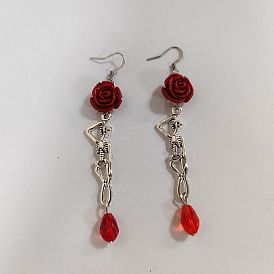 304 Stainless Steel Dangle Earrings, with Synthetic Coral Flower and Alloy Skull, For Halloween