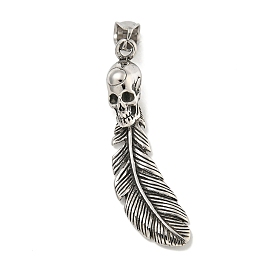 316 Surgical Stainless Steel Big Pendants, Feather with Skull Charm