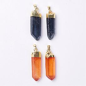 Natural Quartz Crystal Pointed Pendants, Dyed, with Brass Finding, Bullet