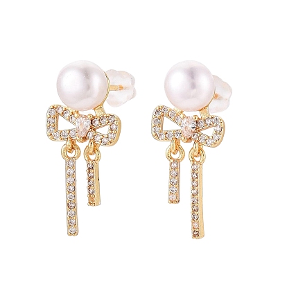 Bowknot Brass Micro Pave Clear Cubic Zirconia Dangle Earrings, Natural Pearl Stud Earrings