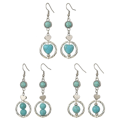 3 Pair 3 Style 304 Stainless Steel Dangle Earrings with Synthetic Turquoise Beaded for Women, Heart & Flat Round