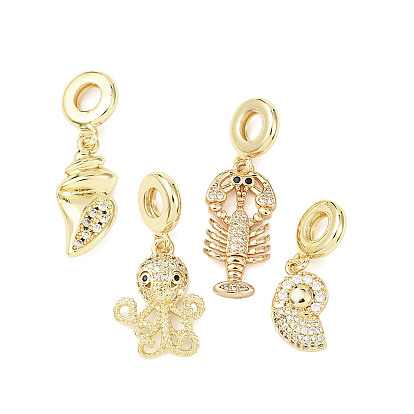 Подвески-шармы с изображением морских животных из латуни с микропаве из прозрачных кубических цирконий, подвески с большими отверстиями в океанской тематике, реальный 18 k позолоченный