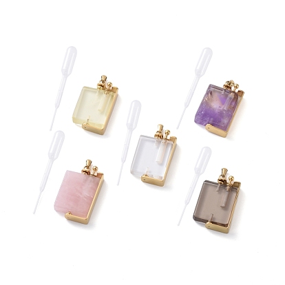 Rotatable Natural Quartz Perfume Bottle Pendants, with 304 Stainless Steel Findings and Plastic Transfer Pipettes, Long-Lasting Plated, Rectangle