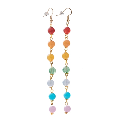 Chakra-Schmuck, Imitation Edelstein Stil runde Acrylperlen baumeln Ohrringe, mit Leichtmetallperlen, Ohrhaken aus Messing und Ohrmuttern aus Kunststoff, Farbig