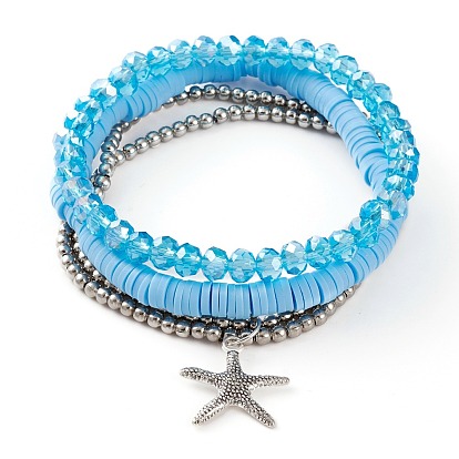 3Pcs 3 Styles Stretch Bracelets Sets, Stackable Bracelets, with Polymer Clay Heishi Beads, Glass Beads, Iron Beads and Alloy Starfish Pendants, Antique Silver & Platinum