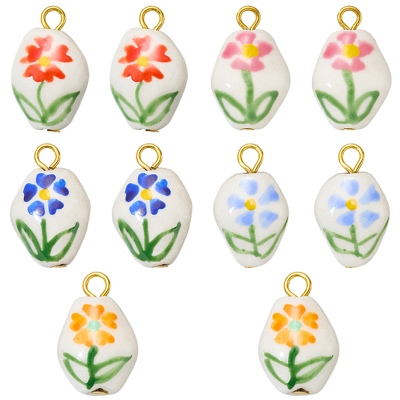 10Pcs 5 Colors Handmade Porcelain Pendants, with Iron Findings, Nuggets & Flower Charms, Golden