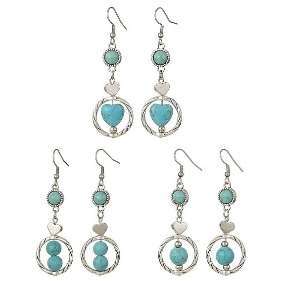 3 Pair 3 Style 304 Stainless Steel Dangle Earrings with Synthetic Turquoise Beaded for Women, Heart & Flat Round