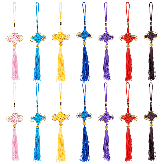 14Pcs 7 Colors Chinese Knots Polyester Tassel Pendant Decorations, with Plastic Beads
