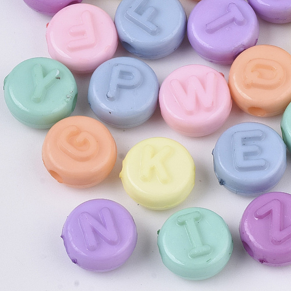 Opaque Acrylic Beads, Horizontal Hole, Mixed Letters, Flat Round