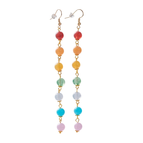 Chakra Jewelry, Imitation Gemstone Style Round Acrylic Beads Dangle Earrings, with Alloy Beads, Brass Earring Hooks and Plastic Ear Nuts, Colorful