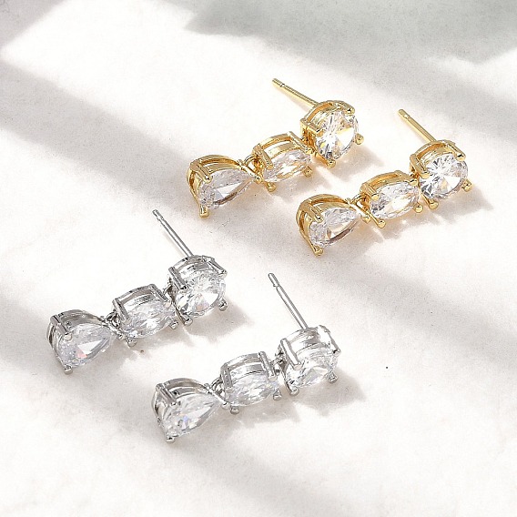 Серьги-гвоздики в форме капли с микропаве из прозрачных кубических цирконий из латуни, стойки покрытие, долговечный, без кадмия и без свинца
