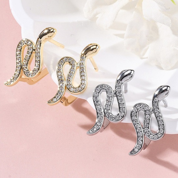 Серьги-кольца из латуни с прозрачным кубическим цирконием, змея