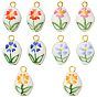 10Pcs 5 Colors Handmade Porcelain Pendants, with Iron Findings, Nuggets & Flower Charms, Golden