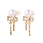 Bowknot Brass Micro Pave Clear Cubic Zirconia Dangle Earrings, Natural Pearl Stud Earrings