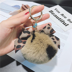 Leopard Print Fur Ball Bag Charm with Sexy Bowknot Keychain Ring for Women's Car Keys Pendant Fashion Accessory