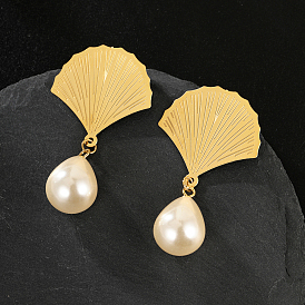 Exquisite Stainless Steel Ginkgo Plastic Pearl Stud Earrings