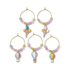 Gemstone Wine Glass Charms, with Brass Hoop Earring Findings and Alloy Enamel Pendants, Hot Air Balloon
