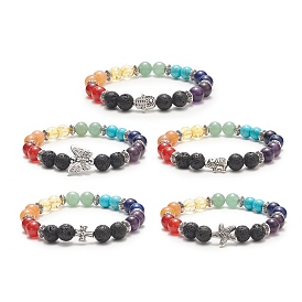Natural & Synthetic Mixed Gemstone Round Beaded Stretch Bracelet, Alloy Adjustable Bracelet for Women