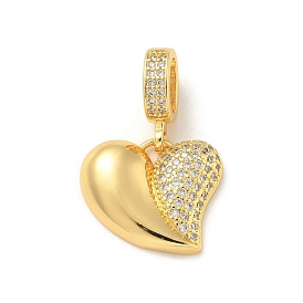 Brass Micro Pave Clear Cubic Zirconia Heart European Dangle Charms, Large Hole Pendants