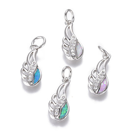 Brass Cubic Zirconia Pendants, with Synthetic Opal, Wing