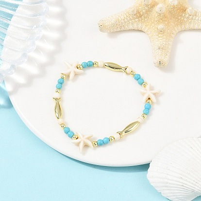 Браслеты из синтетической бирюзы и латунных бусин для женщин, морская звезда и рыба