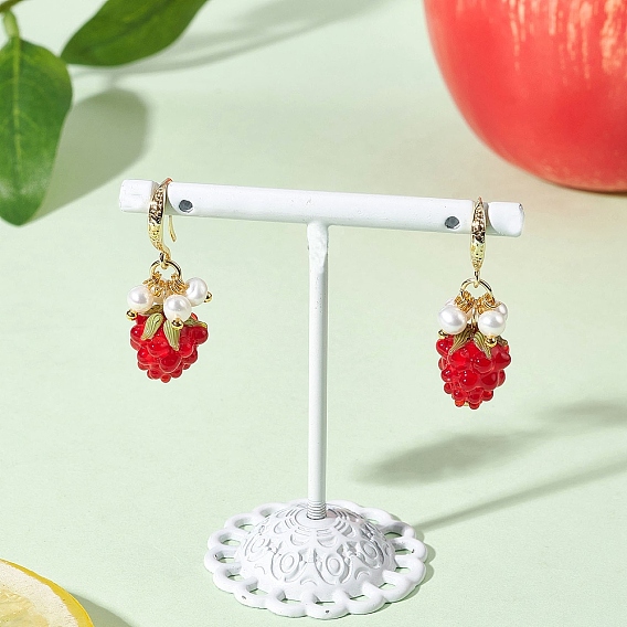 Ручной работы Lampwork болтаться серьги, малина, с натуральным культивированным пресноводным жемчугом