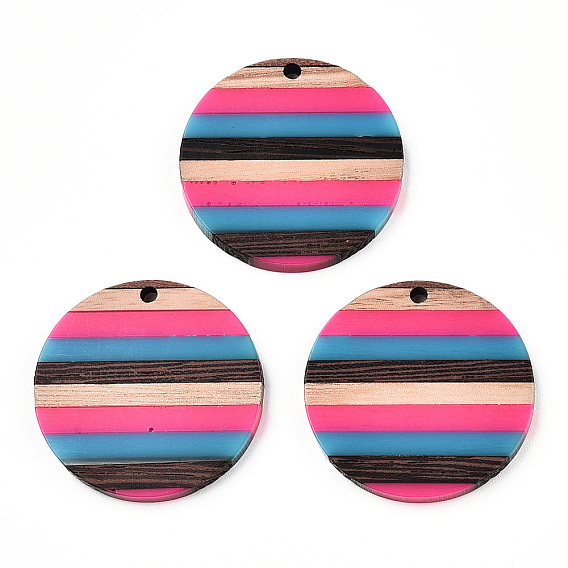 Opaque Resin & Walnut Wood Pendants, Flat Round Charm