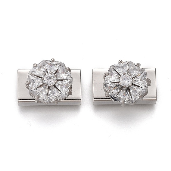 Brass Micro Pave Clear Cubic Zirconia Slide Charms, Rectangle with Flower