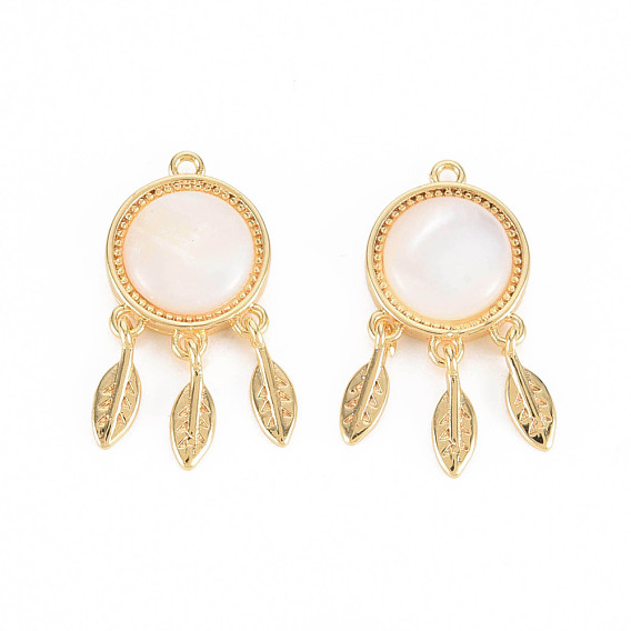 Brass Pendants, with Natural Freshwater Shell, Nickel Free, Flat Round Net/Web